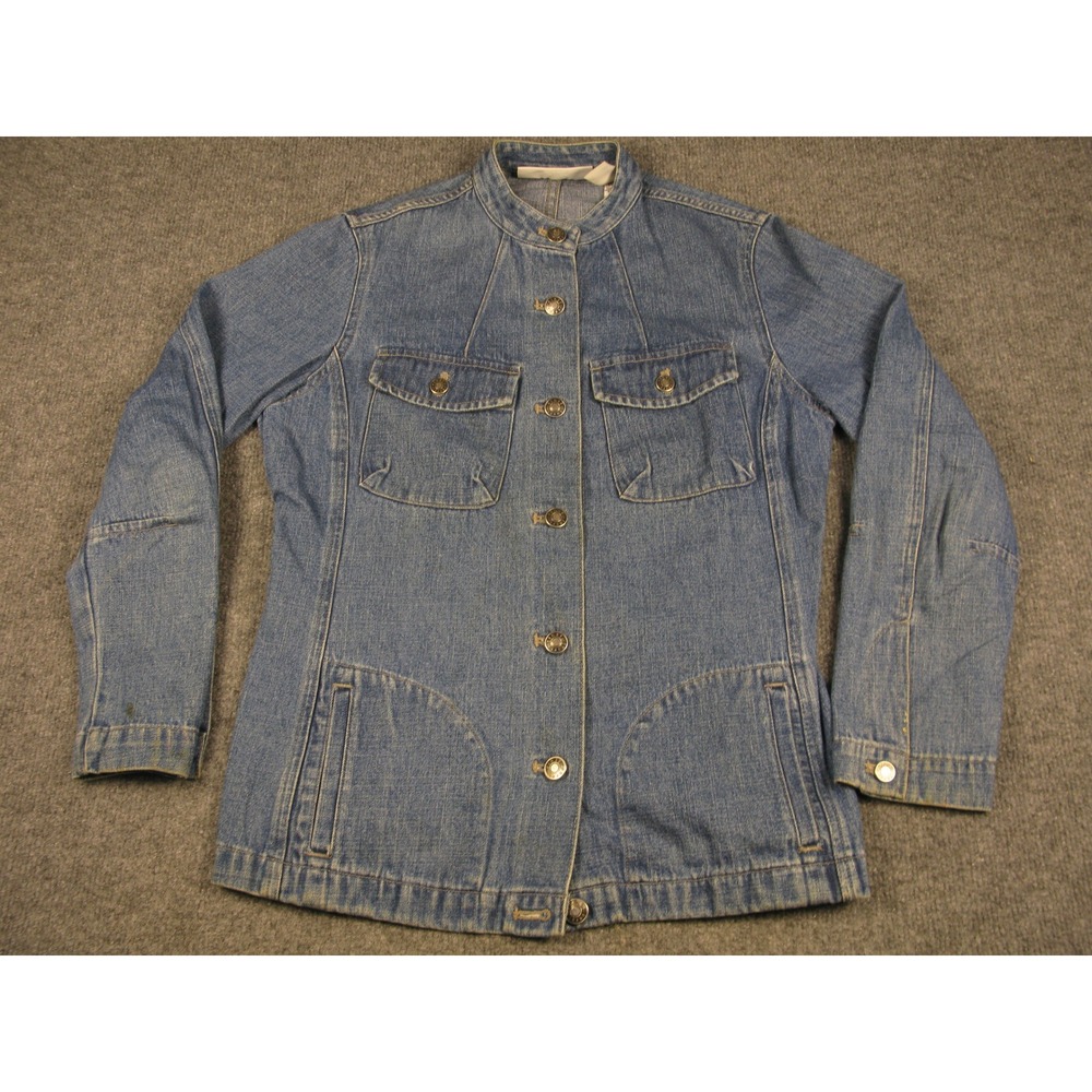 First Issue Liz Claiborne Denim Jacket Petite Medium Button Up Band Collar #2218